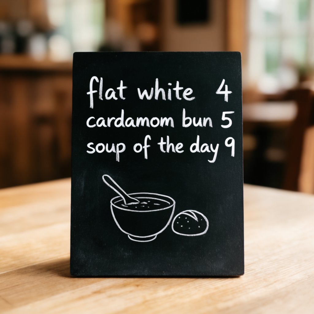 A café chalkboard listing exactly three items: "Flat white 4", "Cardamom bun 5", "Soup of the day 9", in neat chalk handwriting. — Krea 2 Large
