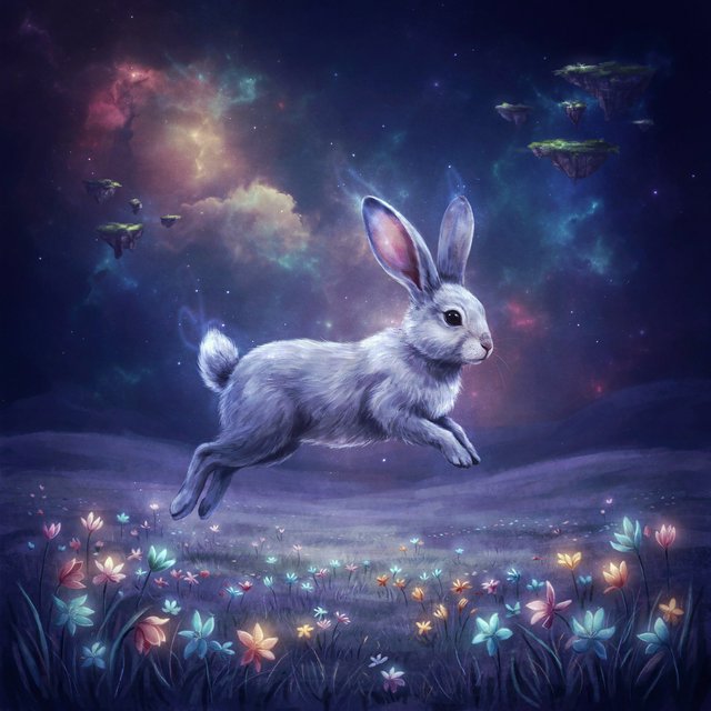 An ethereal rabbit, its fur made of shimmering moonlight, hops through a field of glowing, otherworldly flowers under a sky filled with nebulae. The landscape is dreamlike and surreal, with floating islands in the distance. The style is a delicate digital painting with fantasy elements, evoking a sense of wonder and tranquility. — Ideogram v4.5
