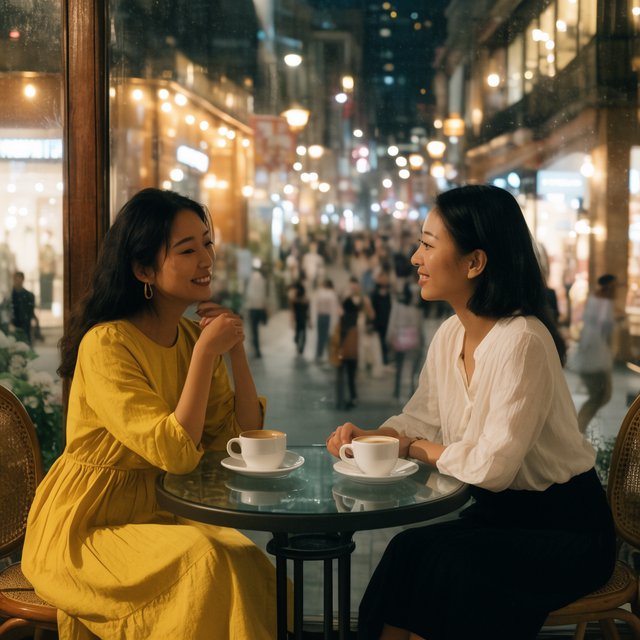A cozy nighttime café scene featuring two young adult Chinese women seated at a table by a window. One wears a yellow dress, and the other, seated opposite her, wears a white blouse and black skirt. They are chatting warmly with each other, with two cups of coffee on the table. Outside the window, a lively shopping street glows with evening lights, creating a relaxed, intimate, and cinematic atmosphere. — Krea 2 Large