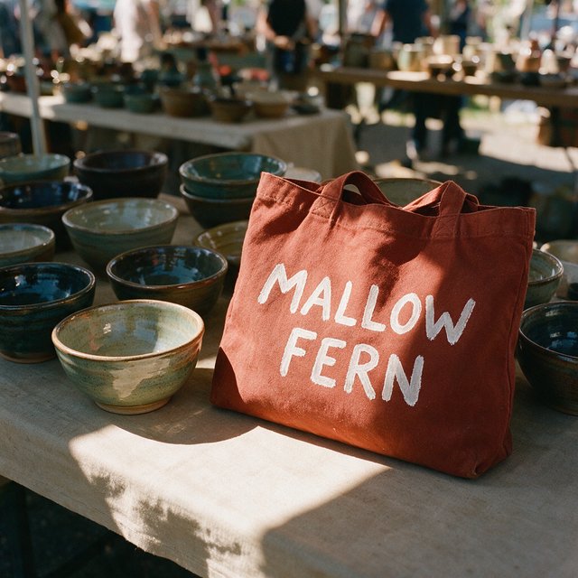 Sunlight pools over a pottery market table, where a rust-red canvas tote rests beside glazed bowls; "MALLOW FERN" is hand-painted in chunky white letters on its front, with no other legible writing. — Model 20