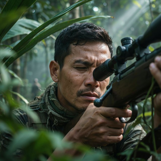 An adult sniper concealed in dense jungle foliage, aiming at a distant target, with a close-up view of his focused face. — Model 4