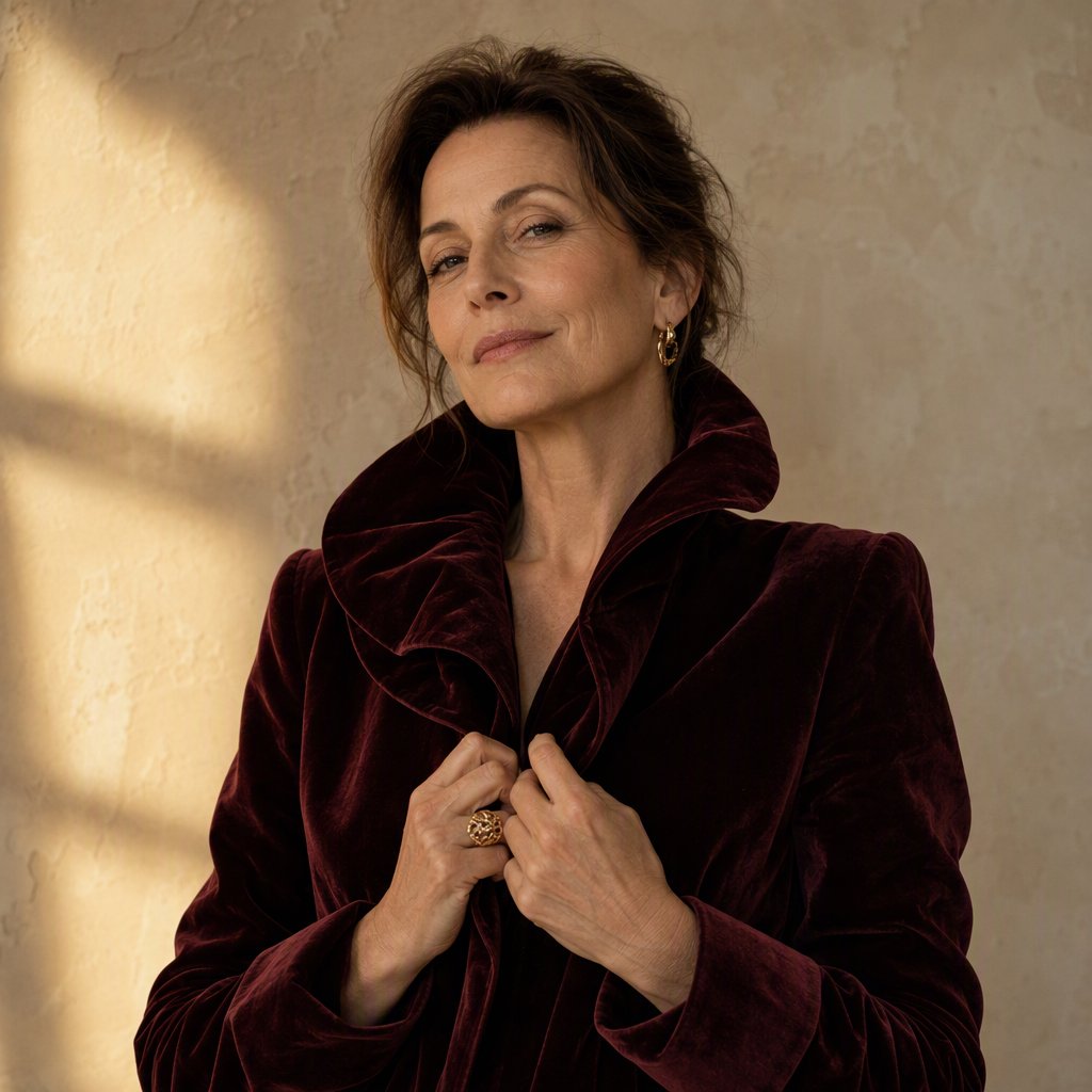 Fashion portrait of an adult woman in her early 50s wearing a sculptural burgundy velvet jacket, her hands lightly gathering its lapel. A wry, composed expression meets the camera against a warm ivory plaster backdrop, lit by soft late-afternoon window glow. — GPT Image 2