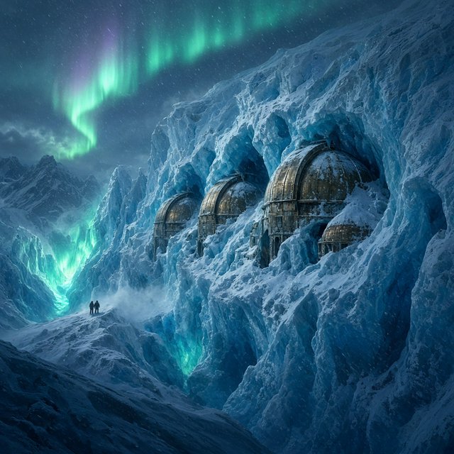 An abandoned observatory carved into a glacier, its bronze domes protruding from blue ice, aurora light filtering through crevasses, tiny adult explorers on a distant ridge emphasizing immense scale, drifting snow and deep polar shadows. — Grok Imagine Image 2