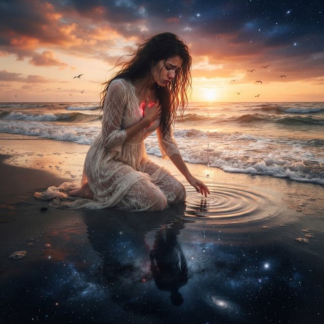 Cinematic, photorealistic artwork of a sorrowful young woman in a flowing ivory lace dress kneels in shallow surf at the waterline during sunset. Her long, windblown dark hair frames her downcast face; a tear flows down her cheek and into the water, one hand presses against her chest, glowing faintly crimson to suggest her still-beating heart, while her other fingertips touch the water. The world behind her remains beautiful: a golden sun shines over restless waves, seabirds cross the sky, and fiery peach clouds fade into star-filled indigo. In the wet sand, her reflection becomes a dark cosmic void. Stars ripple around a fading, ghostlike image of her partner deserting her and dissolving into darkness. The tear forms concentric ripples, disturbing an entire universe. Contrast warm golden life above with cool blue-black devastation below. Natural cinematic lighting, detailed water reflections, realistic anatomy, restrained grief. No text, borders, or collage. — Nano Banana 2 Lite
