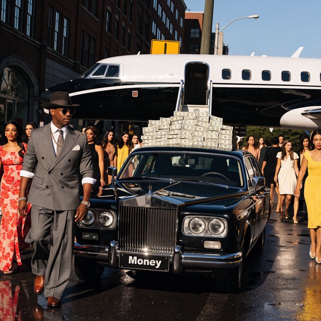 A man dressed in very nice formal clothes is getting off a private black-and-white plane. Many beautiful adult women in dresses are following the man. The man is heading toward a very high-end classic black car. The word "Money" is on the car's license plate. On top of the car is a ton of money. It is the afternoon. The vibe is cool and rich. — Recraft v4 Pro