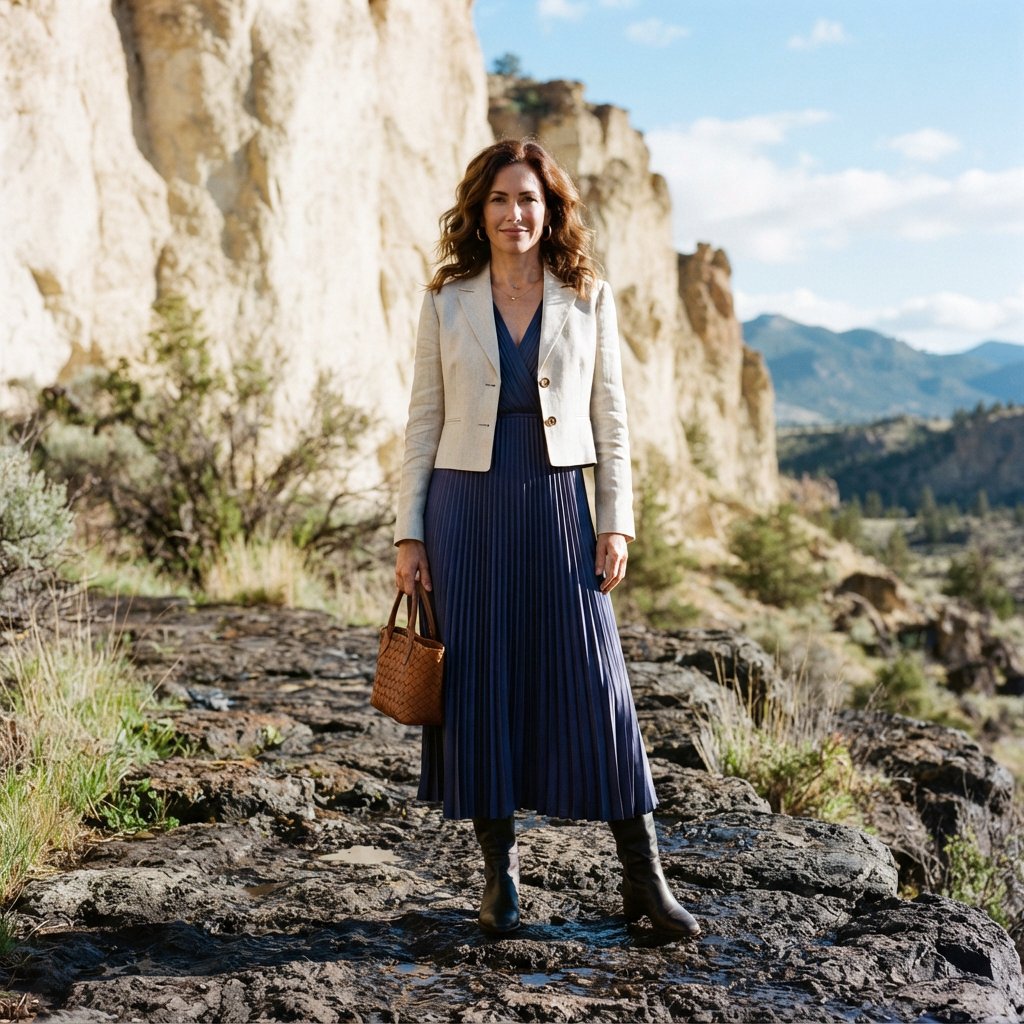 Across a basalt terrace, an adult woman in her early forties poses in a full-length fashion photograph, wearing a pleated indigo silk dress and cropped linen jacket, her composed half-smile lit by hard afternoon sunlight from one side against a pale limestone ridge. — Nano Banana 2 Lite