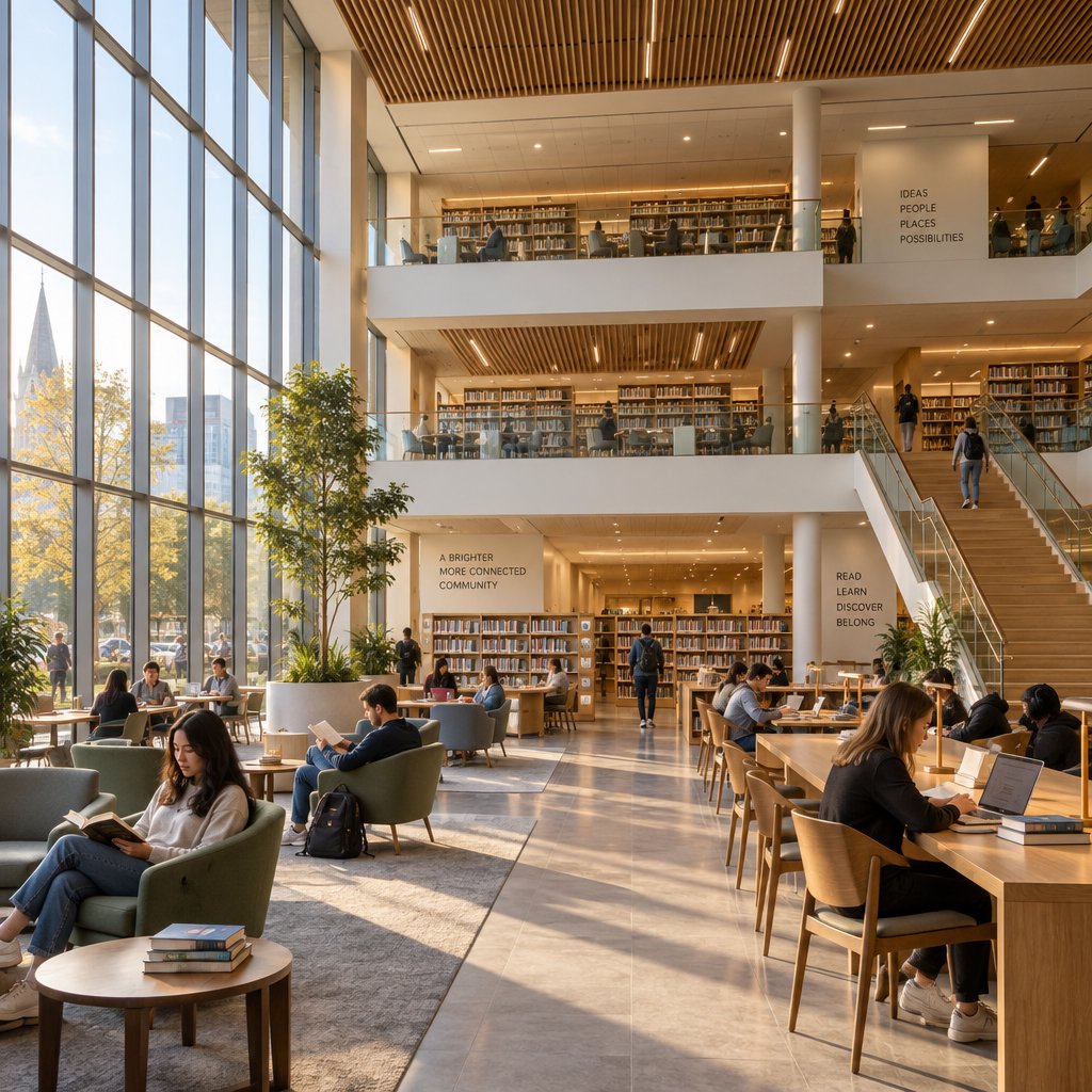 Interior of a modern public library with a three-storey atrium, timber ceiling slats, people reading, afternoon light through a glass wall. — GPT Image 2.5 Sunburst