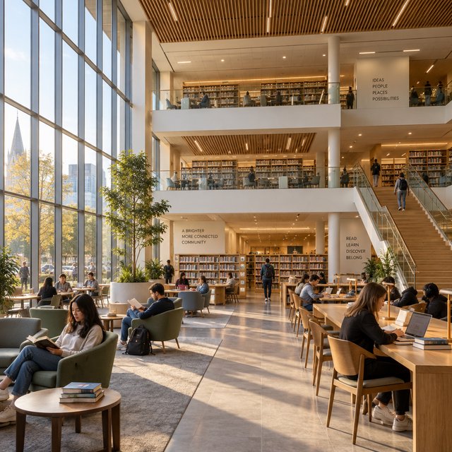 Interior of a modern public library with a three-storey atrium, timber ceiling slats, people reading, afternoon light through a glass wall. — GPT Image 2.5 Sunburst