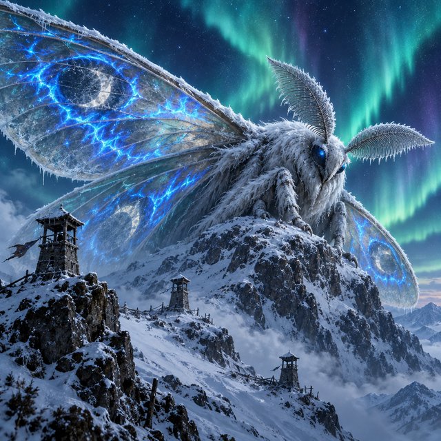 A colossal moon-moth leviathan rests atop a snowbound mountain ridge, its translucent wings veined with blue fire and its fur silvered by frost. Tiny abandoned watchtowers below emphasize its immense scale beneath an aurora-filled sky. — GPT Image 2.5 Flare