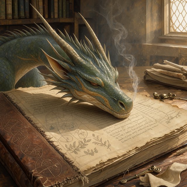 A mystical dragon's head, slender and dreamy, rests upon the yellowed pages of an ancient tome, the cover worn and mysterious, as soft warm light pours in through a nearby window, casting a serene ambiance, the air thick with the scent of old parchment and forgotten knowledge. — FLUX 3 Image Klein