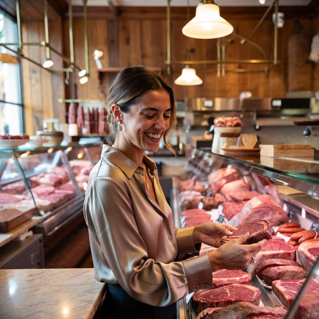 Happy glamorous woman examining meat in a butcher shop. — ImagineArt 2