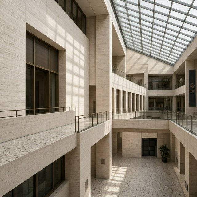 A soaring civic atrium in contemporary Italian Rationalist style pairs pale travertine, bronze mullions, and terrazzo beneath a glazed roof; cool morning light falls from above, viewed from a mezzanine, with aligned bays and credible supports. — Grok Imagine Image 2