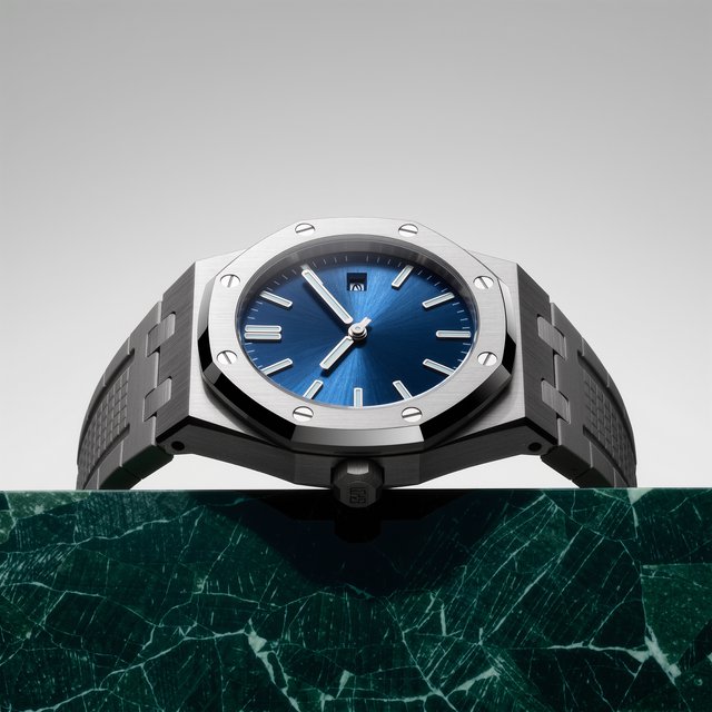 Commercial product photograph of an unbranded mechanical wristwatch with a brushed titanium case and deep blue enamel dial, resting on dark green marble against a soft gray background, illuminated by a large diffused softbox and narrow edge light. — Kling v3 Omni
