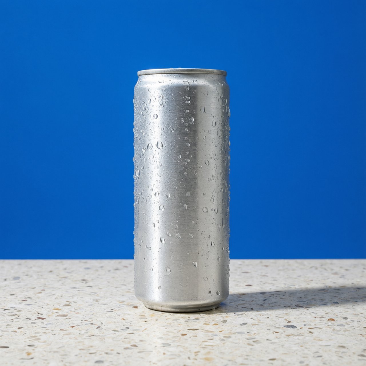 A slim, unbranded sparkling-water can of brushed aluminum, beaded with condensation, stands on a pale terrazzo surface against a seamless electric-blue background; broad overhead diffusion and a crisp side strip create clean highlights, with no lettering or graphics. — Qwen Image 3.0 Pro