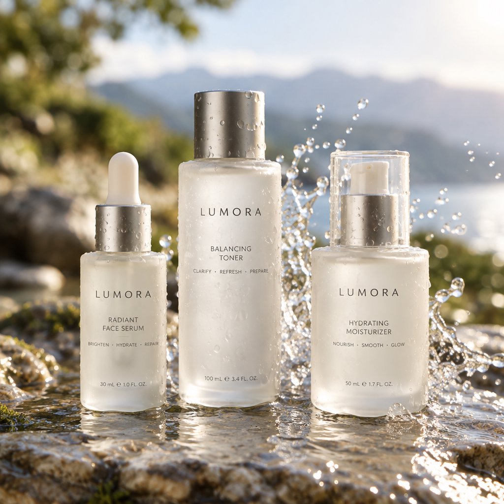 Three frosted glass skincare bottles on a wet stone surface with a splash of water, morning light, shallow depth of field. — GPT Image 2.5 Flare