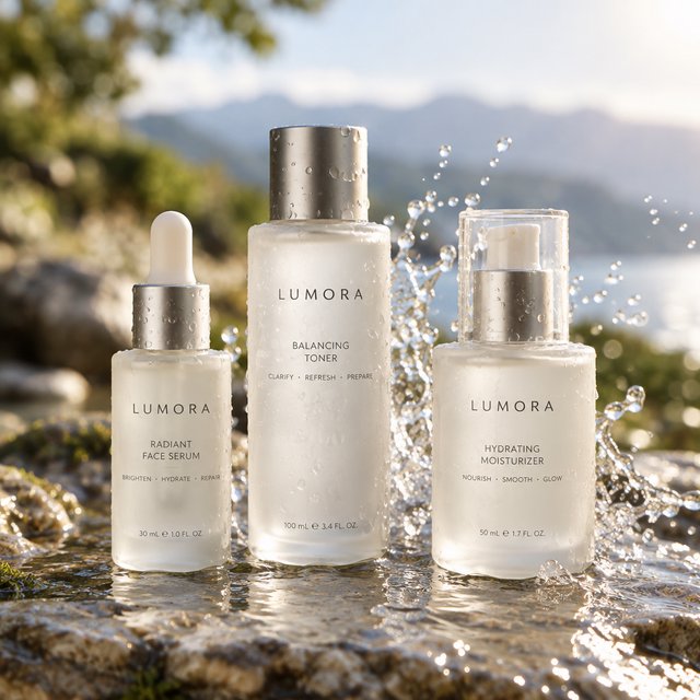 Three frosted glass skincare bottles on a wet stone surface with a splash of water, morning light, shallow depth of field. — GPT Image 2.5 Flare