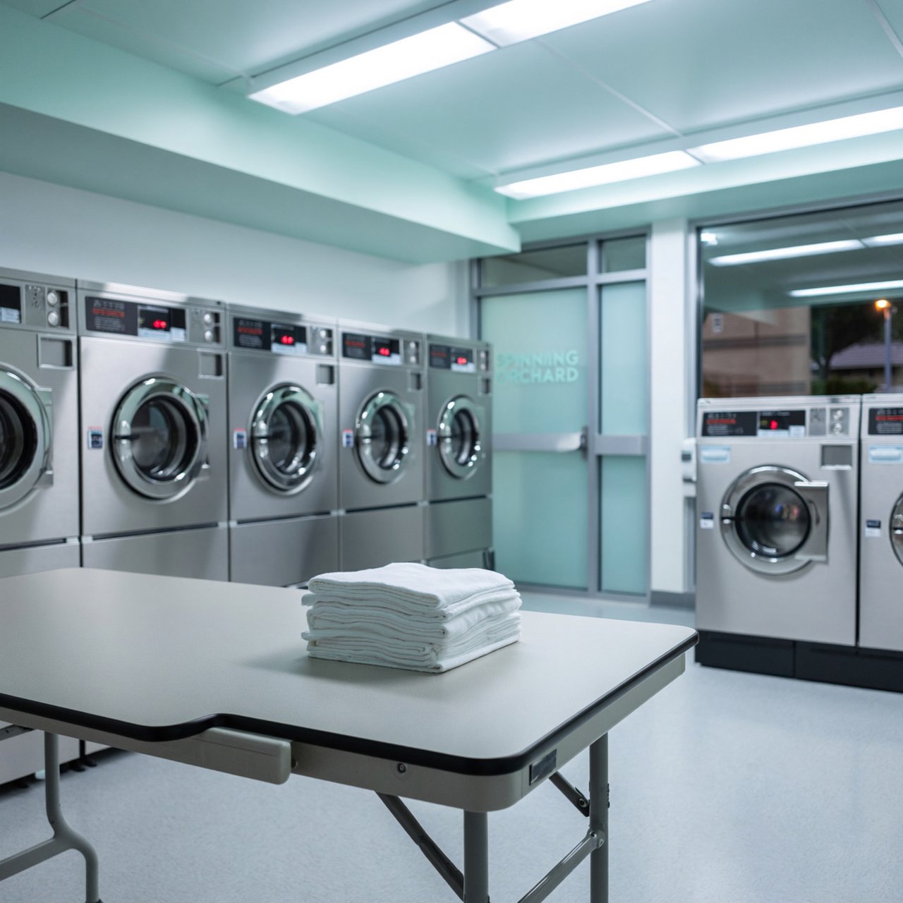 Inside a quiet neighborhood laundromat, chrome machines and folded linen glow beneath cool ceiling lights; "SPINNING ORCHARD" is printed in pale mint letters on the frosted glass entry door. — ImagineArt 2