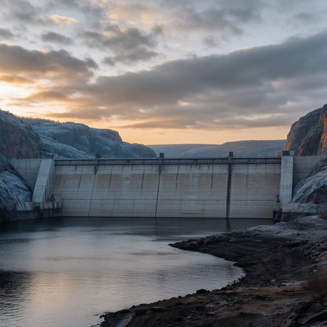 A broad hydroelectric dam in contemporary Brutalist engineering style spans a rocky gorge, its pale concrete face anchored by dark basalt abutments and steel gates; cool dawn light, viewed from downstream, with convincing load-bearing geometry. — Model 12