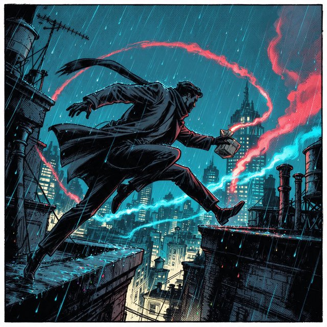 An adult rooftop courier vaults between rain-dark towers, coat snapping as signal flares streak behind; bold ink comic-panel illustration with dense halftone shadows, palette of electric cyan, vermilion, charcoal, and cream, no speech bubbles. — Seedream 5.0 Flash