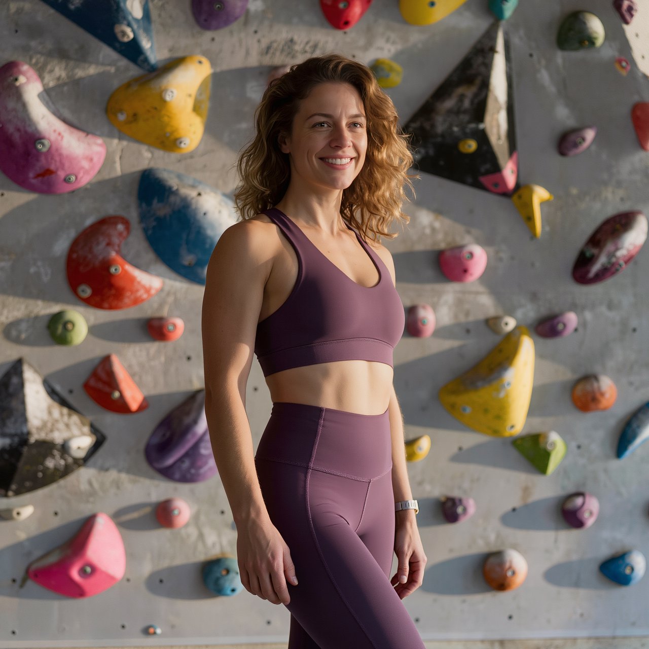 Editorial glamour photograph of an adult woman in a plum fitness set, pausing naturally beside a sunlit indoor climbing wall, flattering side light tracing colorful holds, loose curls and an easy, confident smile. — Kling v3