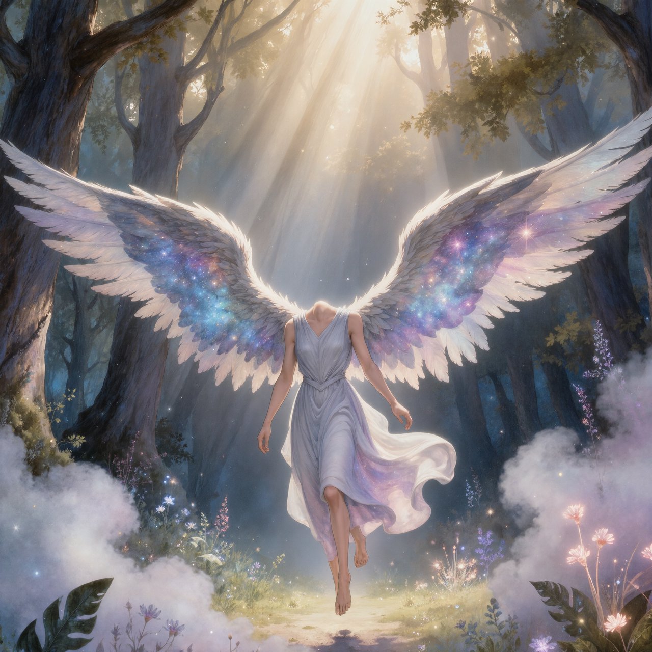 A lone angel with feathered wings, composed of swirling cosmic dust and nebulae, descends into a quiet, enchanted forest. Sunlight filters through the ancient canopy, illuminating wisps of mist and the vibrant, otherworldly plants below. The style is a fusion of hyper-detailed fantasy illustration and soft watercolor techniques, with the polished finish of concept art. — Kling v3 Omni