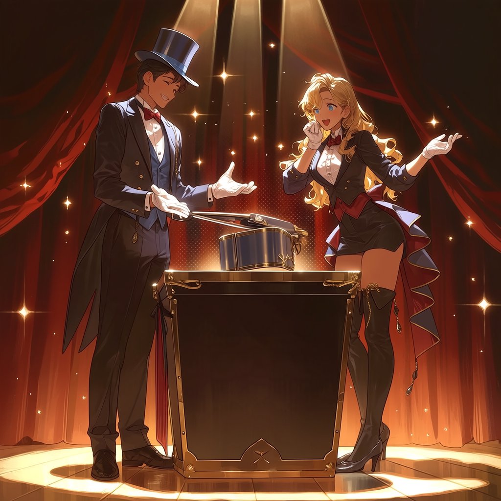 A magician's act on a well-lit stage. A well-dressed magician and glamorous adult female assistant have just unveiled the magician's guillotine. The adult female assistant fakes a worried look, knowing she will shortly participate in the illusion. — Midjourney Niji 7