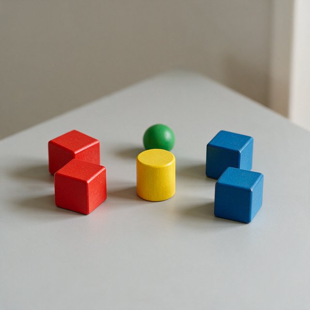 Exactly five wooden toy blocks sit on a pale gray table: two red cubes on the left, one yellow cylinder in the center, and two blue cubes on the right. A small green ball sits behind the cylinder, nothing else. — Seedream 5.0 Pro