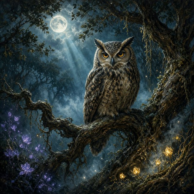 A majestic owl with ancient, knowing eyes perched on a gnarled branch within an ethereal forest. Moonlight filters through the dense canopy, illuminating swirling mists and glowing flora. The scene evokes a sense of deep mystery and ancient magic. Rendered in the style of magical realism with rich oil painting textures. — Grok Imagine Image 2