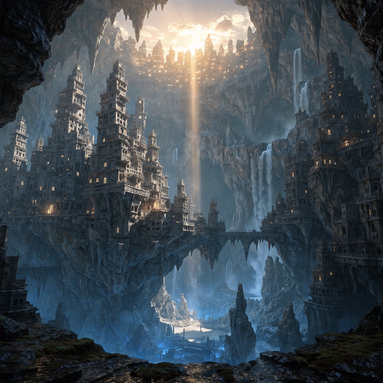 An ancient city carved inside a hollow mountain glows with windowlight, its terraced bridges spanning a blue-lit cavern while mineral mist rises around distant waterfalls and a narrow beam of sunrise reaches the deepest plaza. — Recraft v4 Pro