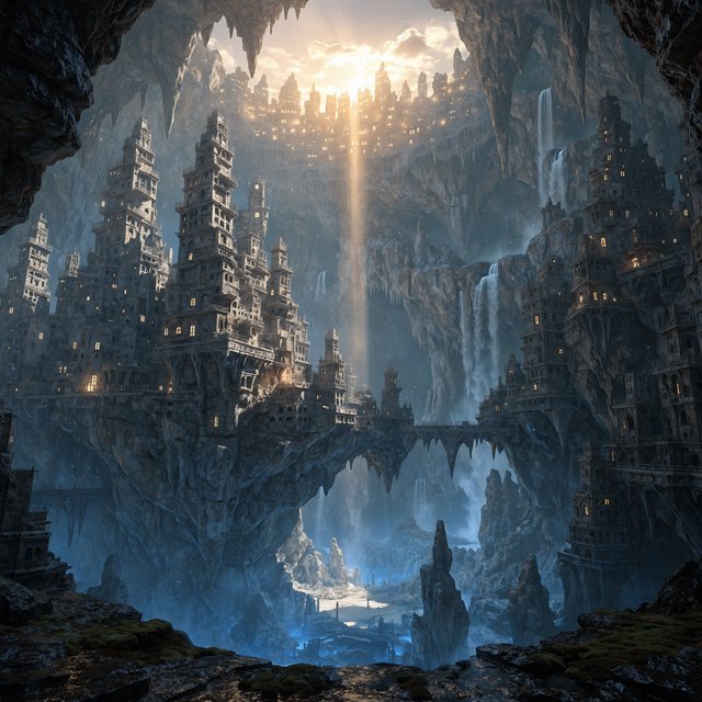 An ancient city carved inside a hollow mountain glows with windowlight, its terraced bridges spanning a blue-lit cavern while mineral mist rises around distant waterfalls and a narrow beam of sunrise reaches the deepest plaza. — Recraft v4 Pro