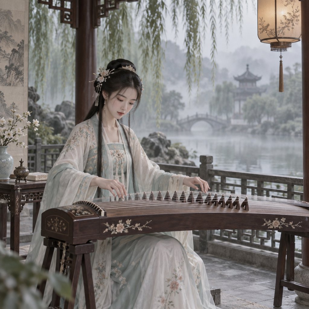 An elegant ancient Chinese lady in hanfu plays the guzheng in a quiet garden pavilion, surrounded by willow trees and mist, creating a poetic atmosphere. — GPT Image 2.5 Sunburst