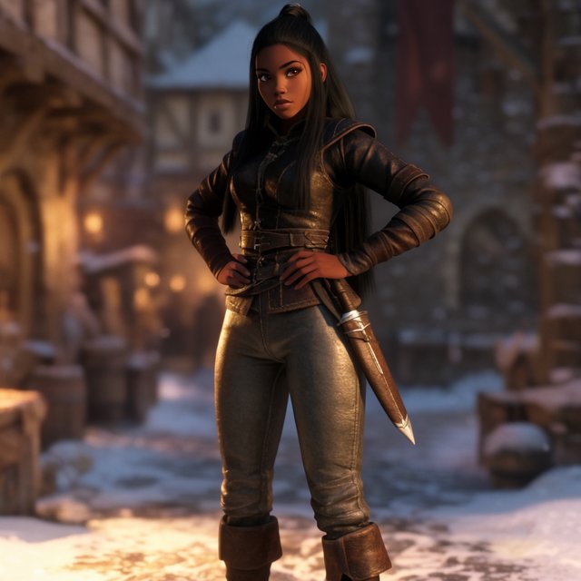 An eighteen-year-old woman. She has long straight black hair tied up, brown eyes, and dark skin. She is wearing a dark leather tunic, grey leather pants, and leather boots. She has a sheathed dagger on her hip, standing with her hands on her hips and looking at the viewer. She is standing in a snowy medieval city. — Model 11