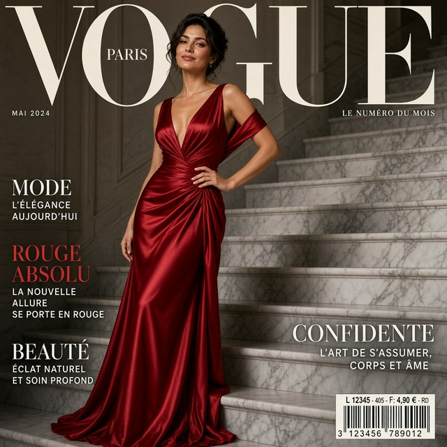 An adult woman in a floor-length red satin evening gown on a marble staircase, soft key light, confident pose, magazine cover style. — Grok Imagine Image 2