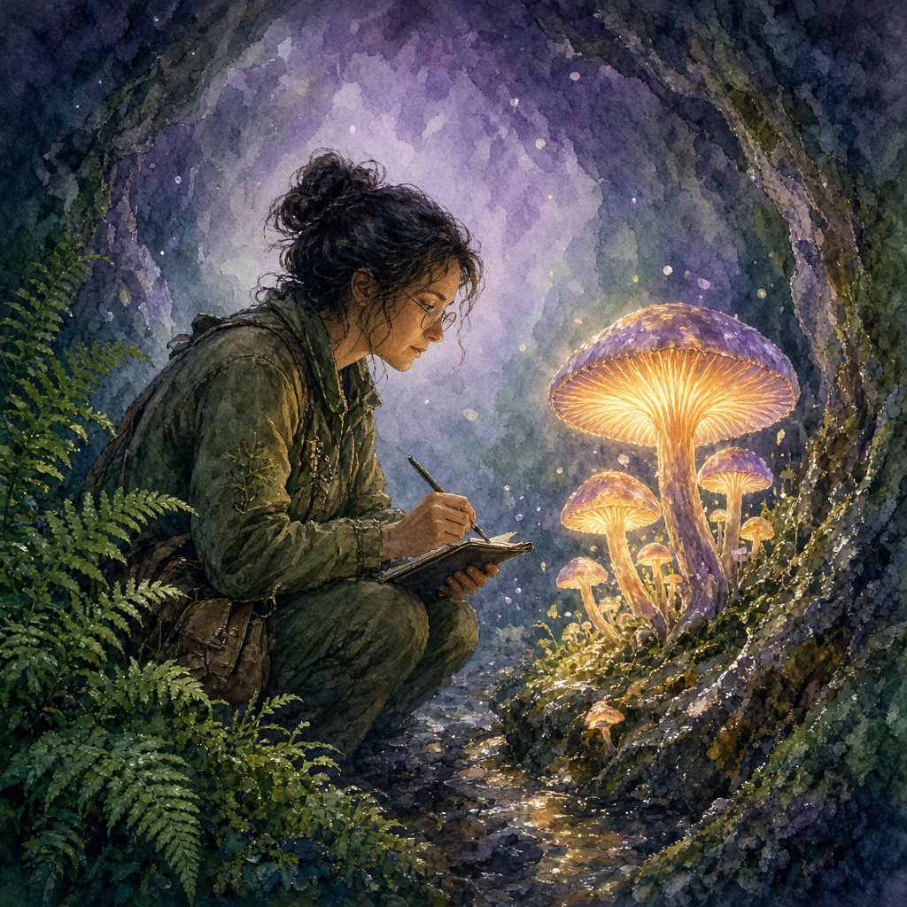 Watercolour illustration of an adult botanist studying luminous fungi in a misty cave, with fern fronds, glistening stone and drifting spores. Palette of jade, lilac, amber, and deep indigo, with translucent washes. — Grok Imagine Image 2