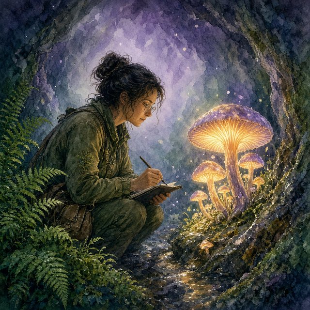 Watercolour illustration of an adult botanist studying luminous fungi in a misty cave, with fern fronds, glistening stone and drifting spores. Palette of jade, lilac, amber, and deep indigo, with translucent washes. — Grok Imagine Image 2
