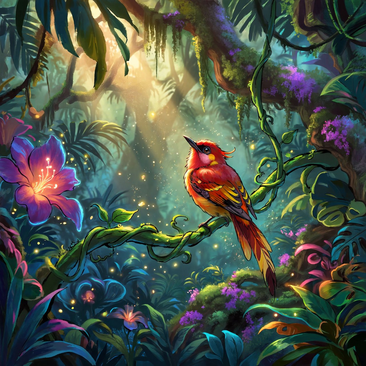 Create a vibrant digital artwork with clean lines depicting a small, colorful bird in the jungle. Combine rich, warm tones—such as soft orange, bold red, and dynamic yellow—with cool colors like brilliant blue, emerald green, and radiant violet. The atmosphere should feel fairytale-like, enhanced by striking lighting that underscores the scene's magic. Use bright, bold colors harmoniously to create a balanced composition. The overall style should be imaginative and captivating, transporting the viewer to another world. — ImagineArt 2
