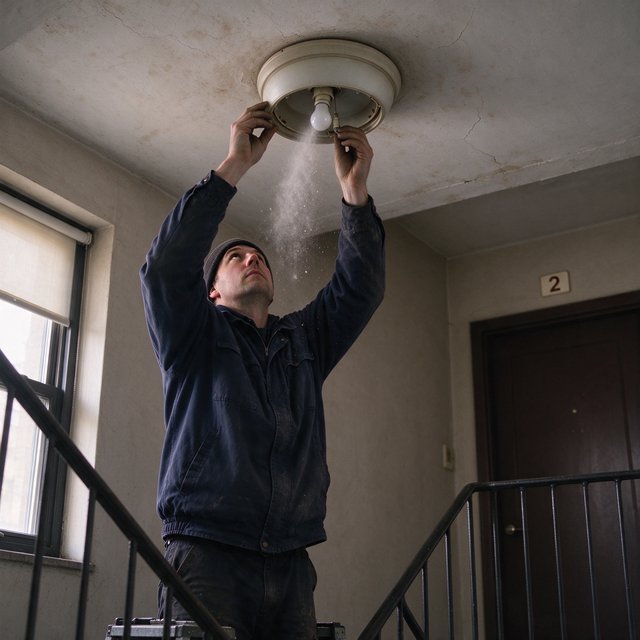 Candid documentary photograph of an adult building caretaker changing a ceiling light in a quiet apartment stairwell, pale afternoon window light, 35mm lens with moderate depth of field, plaster dust drifting from the fixture. — Seedream 5.0 Flash