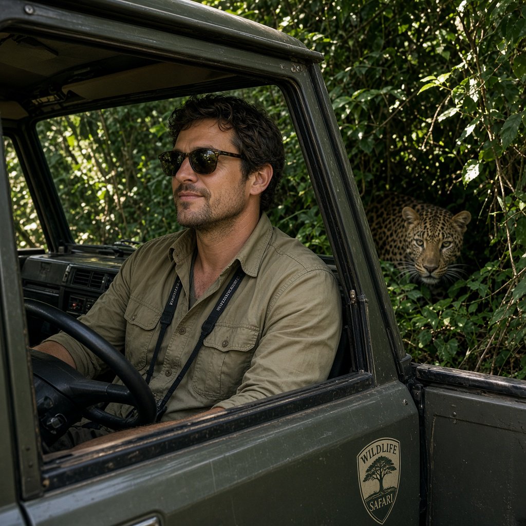 An adult on a jungle safari in his car, with a leopard lurking behind him in the bushes — Grok Imagine Image 2