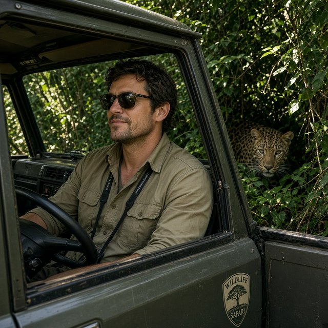 An adult on a jungle safari in his car, with a leopard lurking behind him in the bushes — Grok Imagine Image 2