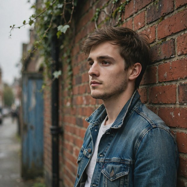 Environmental portrait of a young man in a denim jacket leaning on a red brick wall, overcast light, looking just past the camera. — Muse Image 1.0