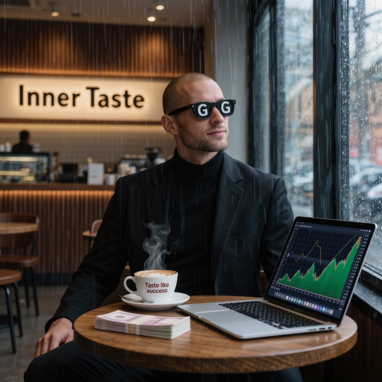 Realistic, a man wearing a black suit and cool shades with the word “G” on them, sitting near a table in a friendly coffee shop with the words “Inner Taste” displayed in the shop, coffee on the table, a coffee cup with the words “Taste like success,” a stack of money on the table, a high-end laptop displaying a successful trade, and rain pouring outside. The vibe is calm and chill. — Kling v3 Omni