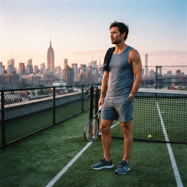 Editorial glamour photograph of an adult man in a slate-gray fitness set, pausing naturally beside a rooftop tennis court at sunrise, soft flattering light catching his focused expression and the city skyline beyond. — Nano Banana 2 Lite