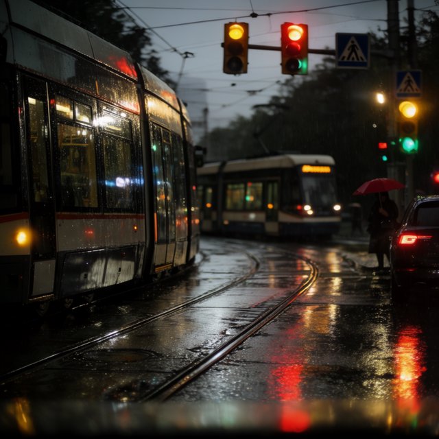 At a rain-darkened intersection, a tram grinds through a curve, its steel wheels shining beneath amber signal glow. A street-level news photo, shot on a 35mm lens with moderate depth of field, catches beads of water on the windows and slight wheel blur. — Krea 2 Large