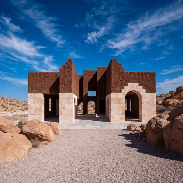A contemporary desert visitor pavilion built from rust-colored rammed earth and pale limestone sits beside a dry wadi; deep shaded openings frame the courtyard. Hard midday sun, viewed from the gravel approach, crisp geometry and believable construction. — Recraft v4 Pro