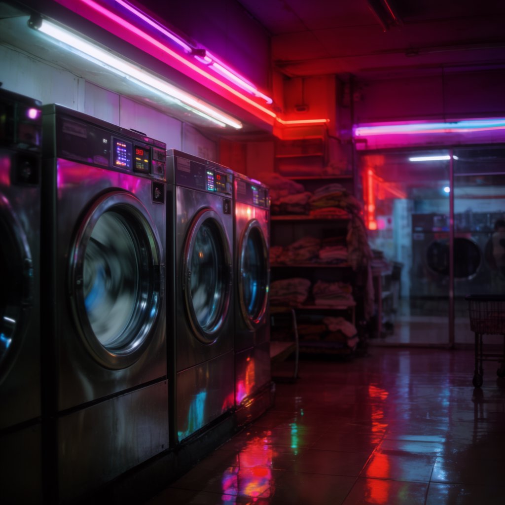 Neon washes a nearly empty overnight laundromat, reflections trembling across tiled floor and spinning steel drums. A handheld street snapshot under magenta and cyan tubes, shot at 35mm with moderate depth of field, catches lint drifting in the air. — Krea 2 Large
