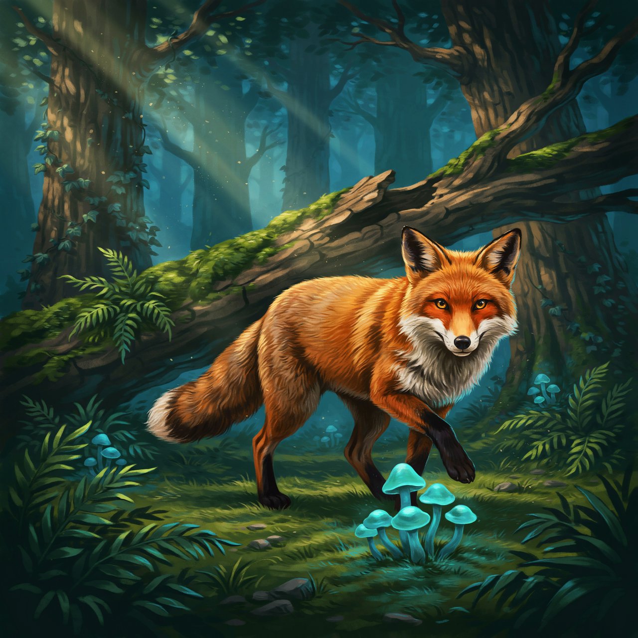 A cunning fox with fur like molten gold cautiously steps through a dense, ancient forest. Shafts of light pierce the canopy, illuminating dust motes dancing in the air. Strange, glowing mushrooms cast an otherworldly light on the moss-covered ground. The style is a blend of dark fantasy illustration and hyperrealism, with a focus on dramatic, cinematic lighting. — Ideogram v4
