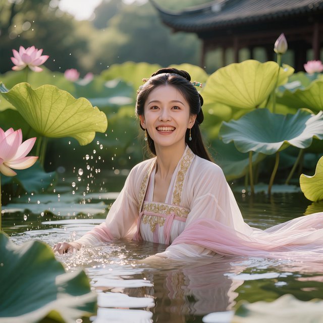 Cinematic shot, a breathtakingly stunning adult Chinese woman from ancient times playing joyfully by a crystal-clear lotus pond, mid-summer afternoon. She is wearing an exquisite, flowing silk Hanfu dress in pastel pink and white with intricate gold embroidery. Her face is porcelain-smooth, with delicate makeup, long black hair elegantly styled with jade hairpins, and a radiant, charming smile. Water droplets frozen in mid-air, sunlight filtering through lush green lotus leaves, creating dappled light on her skin. Shallow depth of field, bokeh background of traditional Chinese architecture, hyper-realistic, soft natural lighting, serene yet playful atmosphere. — Kling v3