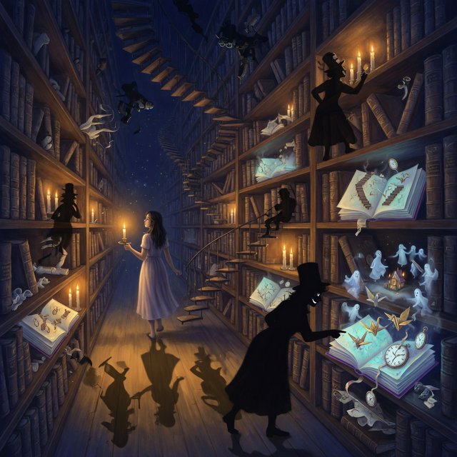 In an infinite library where floating staircases defy gravity, a young woman carries a candle through endless shelves. Her shadow has quietly detached itself from her feet and now wanders independently among the towering bookcases, secretly opening glowing books filled with forgotten memories. Each open page reveals miniature worlds: flying origami birds, drifting clocks, and tiny ghostly figures. The woman's candlelight creates impossible reflections, revealing dozens of alternative shadows with distinct personalities. Dreamlike surrealism, warm golden candlelight set against deep blue darkness, intricate details, magical realism, painterly. — Grok Imagine Image Quality