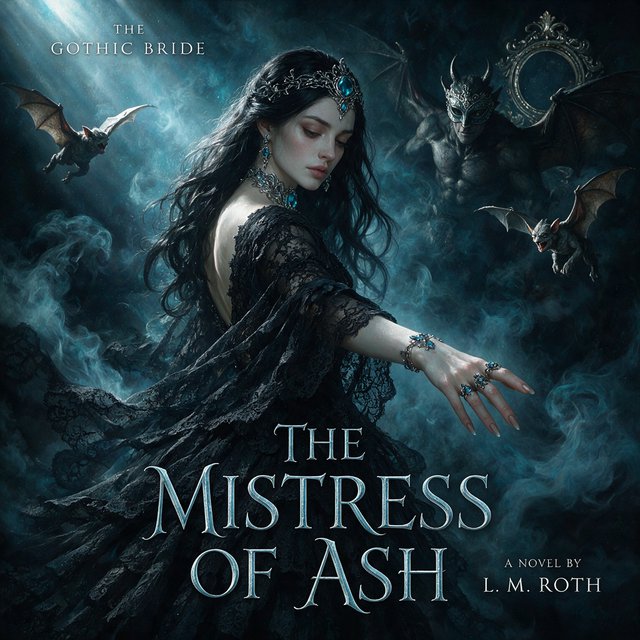 Baroque-style digital dark fantasy and cinematic Gothic horror; painterly realism, chiaroscuro à la Caravaggio; cool color palette of blues and turquoises, deep black shadows; swirling magical smoke, dynamic diagonal composition; intricate lace fabrics, detailed skin and creature textures; volumetric lighting, elegant, fluid movement; fantasy book cover illustration; dramatic storytelling, atmospheric depth. Gothic bride — Seedream 5.0 Pro