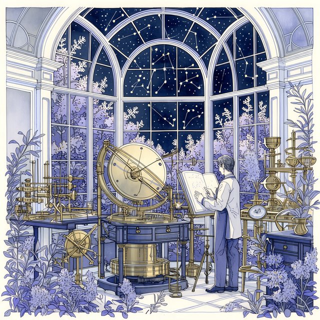 Ink-and-watercolour illustration of an adult astronomer mapping constellations from a glass-domed observatory, surrounded by brass instruments and flowering night plants. Indigo, lavender, and pale gold palette, delicate linework, serene atmospheric detail. — Midjourney Niji 7